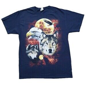 Vintage Y2K Southwest Aztec Animals Size Medium Mens Blue Jerzees T-Shirt Wolf